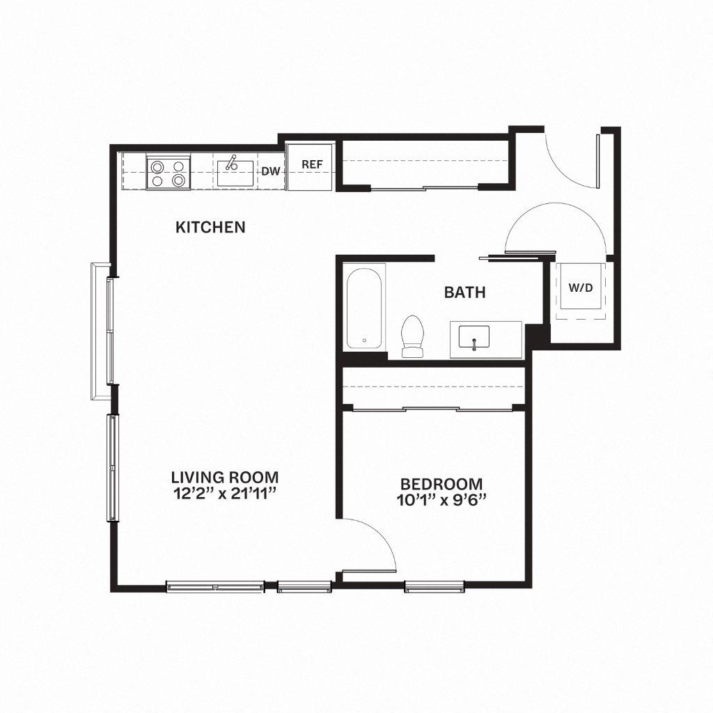 Floor plan for 1 bed, 1 bath, 681 sqft